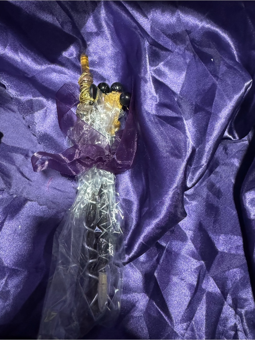 Decorative Ebony Beaded Wand and broom pen set with Purple Ribbon